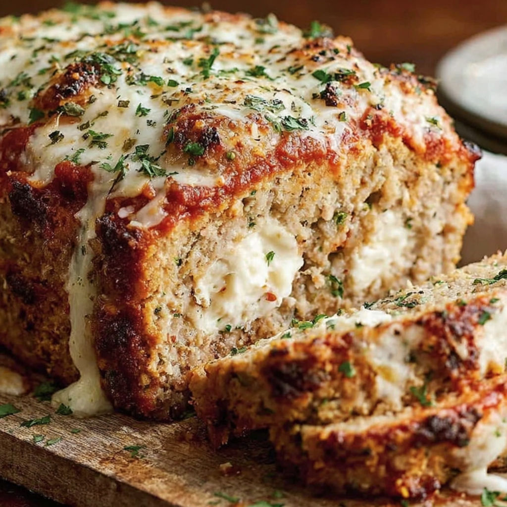 A slice of meatloaf with cheese on top.