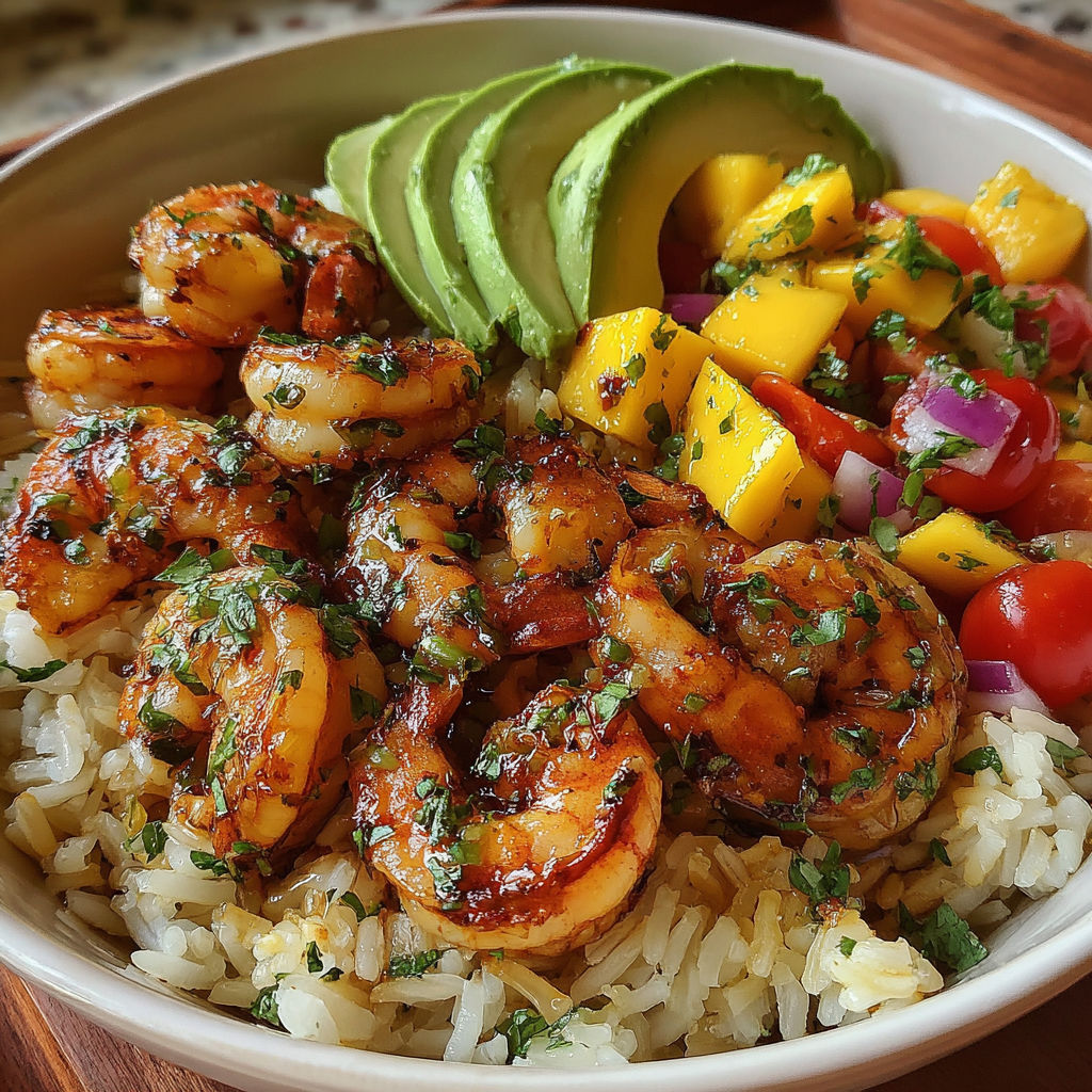 A bowl of shrimp and mango rice.