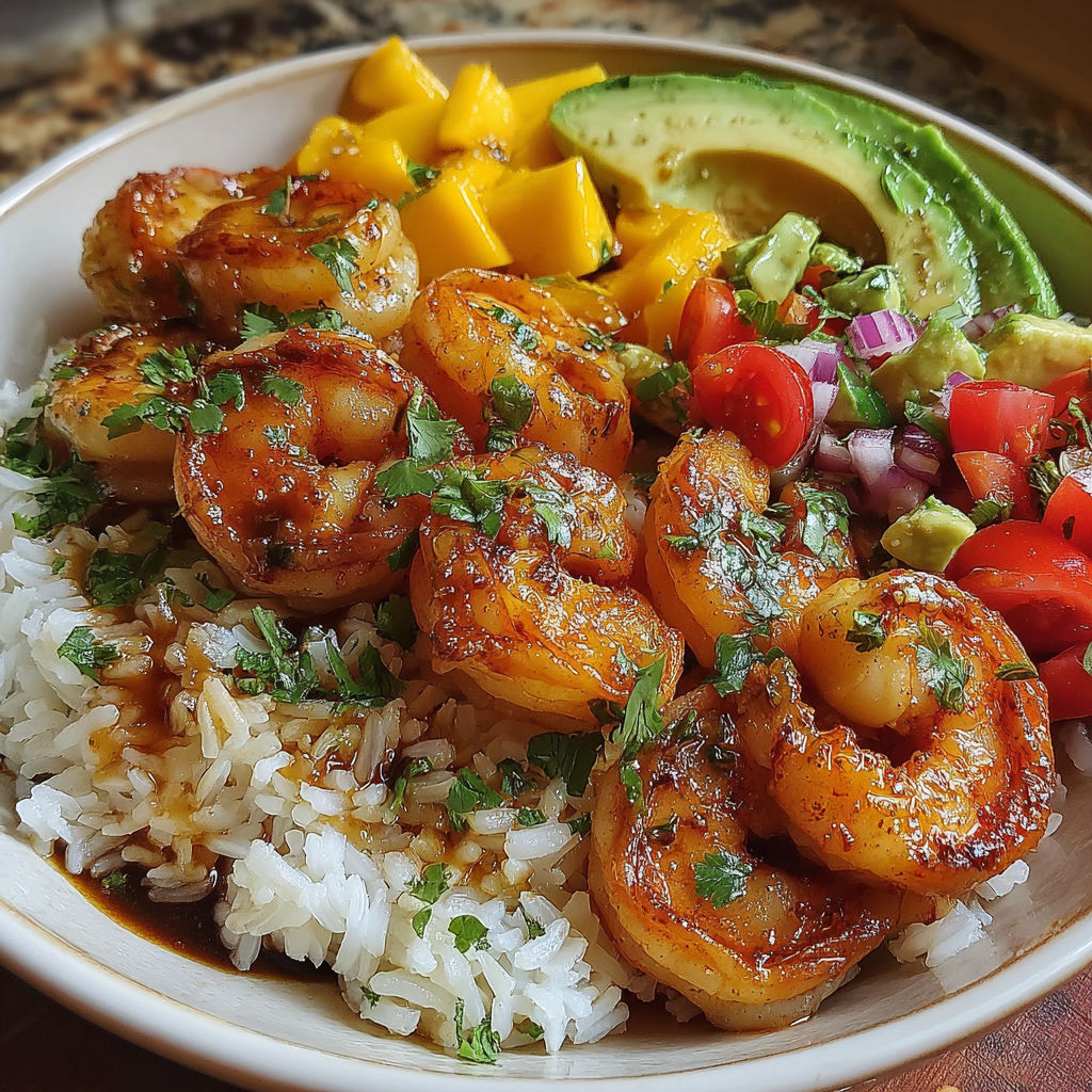 A bowl of shrimp, rice, and vegetables.