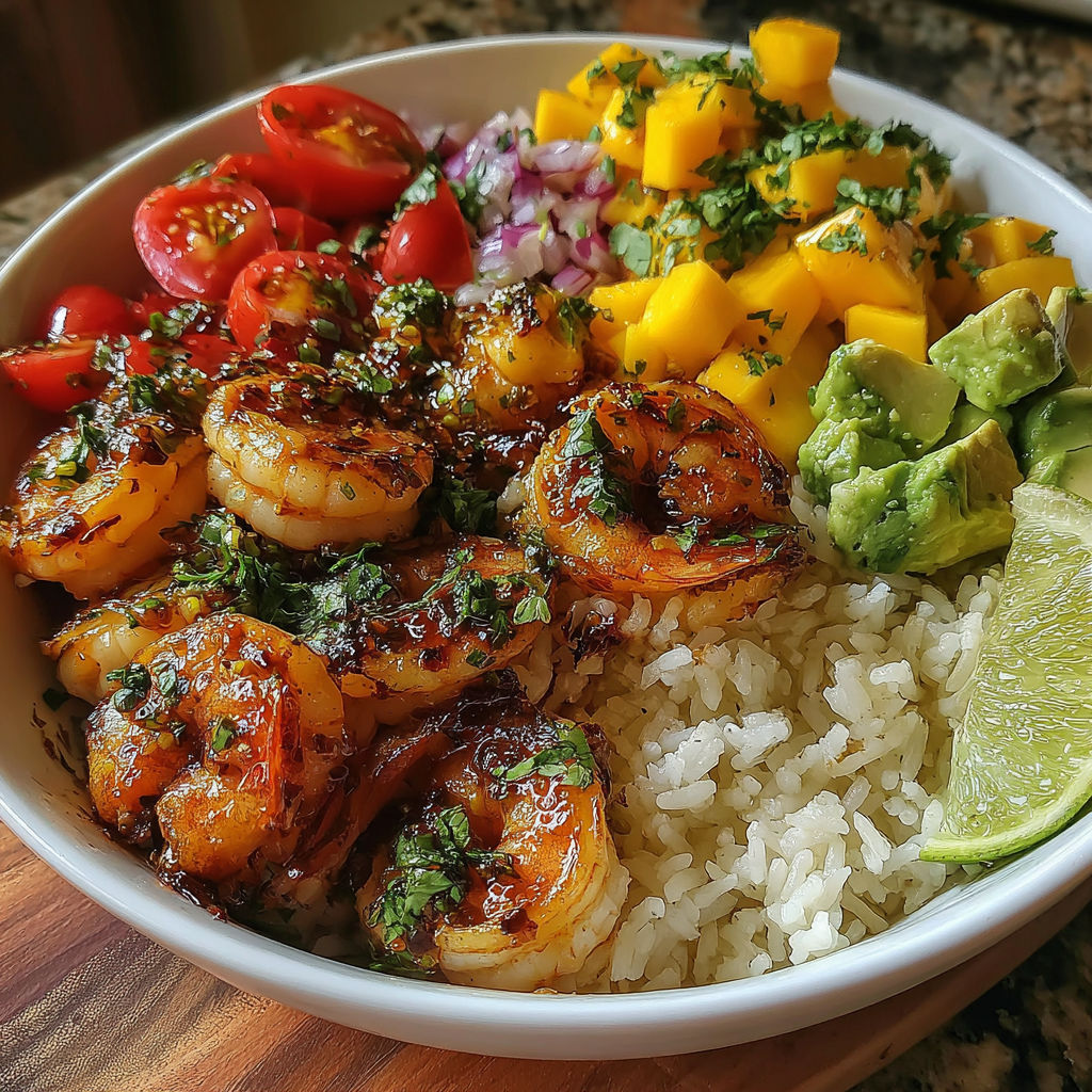 A bowl of food with shrimp, rice, tomatoes, onions, and avocado.