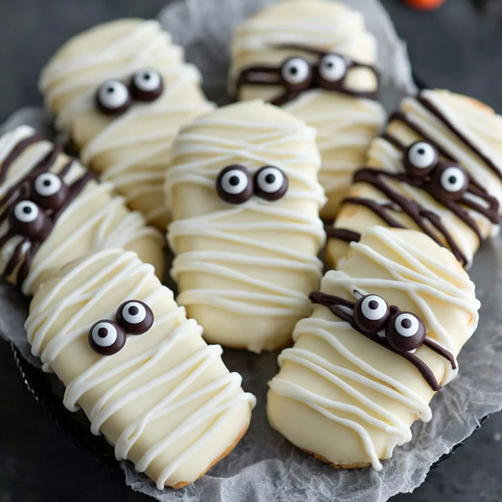 A plate of mummy cookies with chocolate and white frosting.