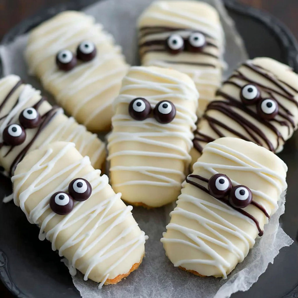A plate of mummy cookies.