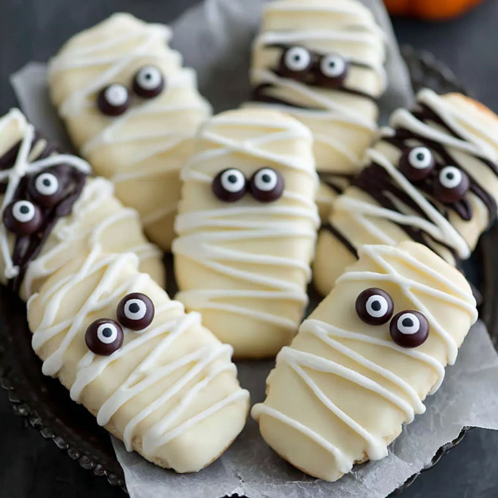 A plate of mummy cookies.