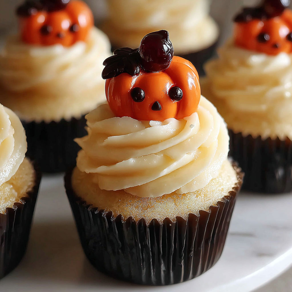 A cupcake with a pumpkin on top.