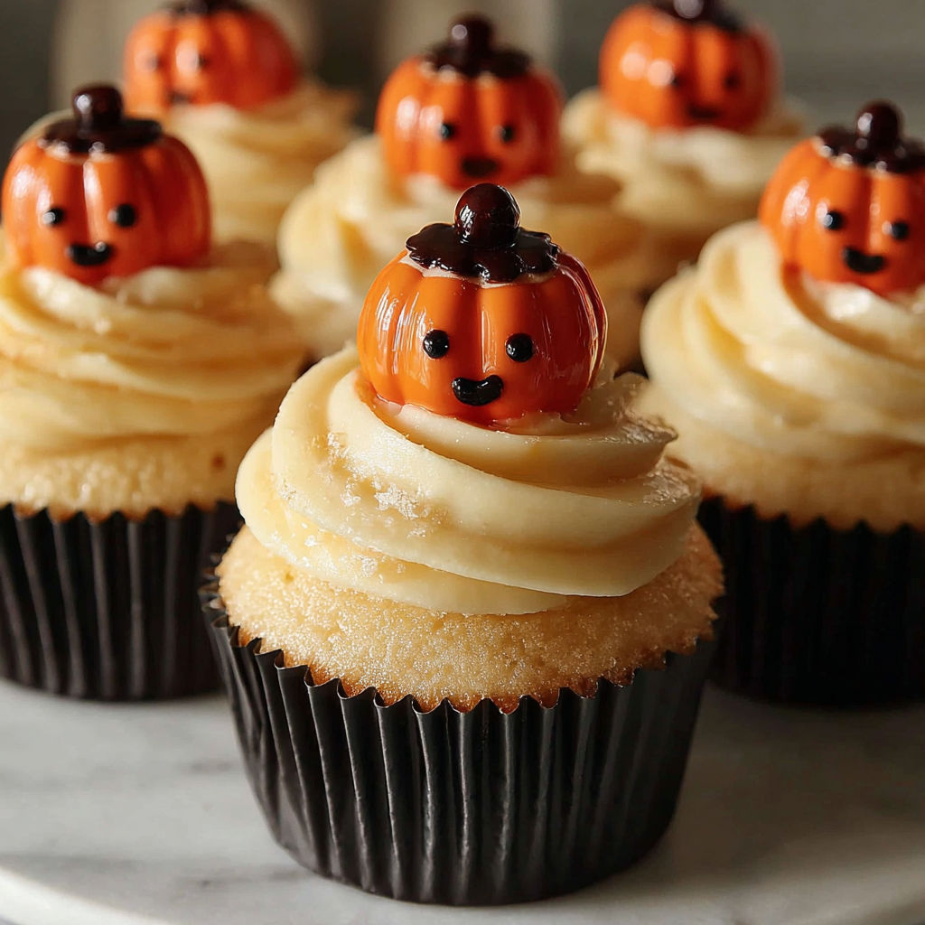 A plate of cupcakes with pumpkin decorations.