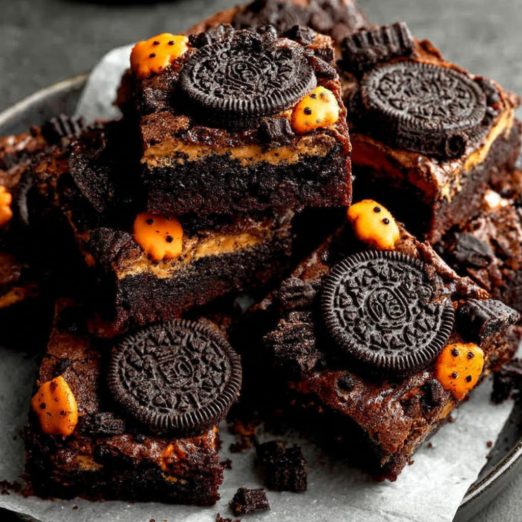 A plate of brownies with Oreo cookies and candy corn.