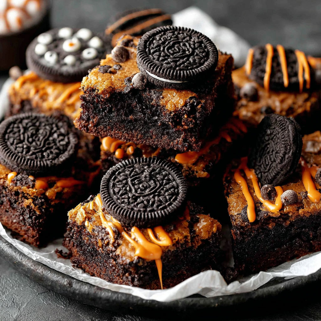 A plate of chocolate cake with Oreo cookies on top.