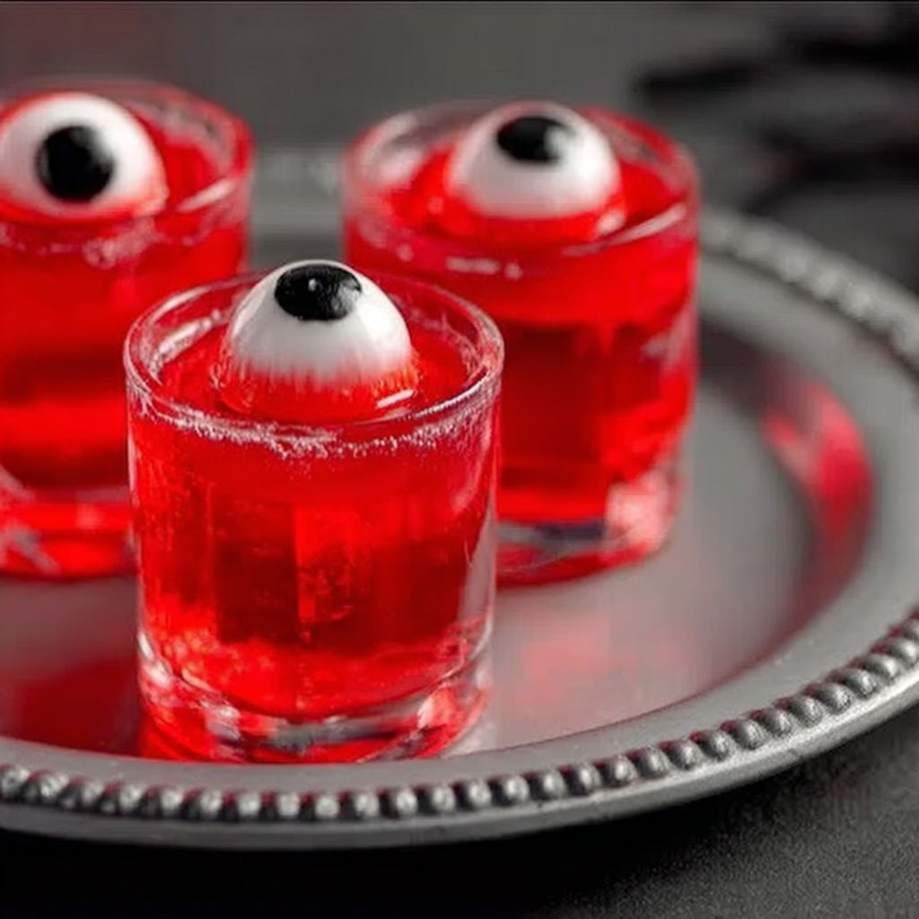 Three jello shots with eyeball toppings.