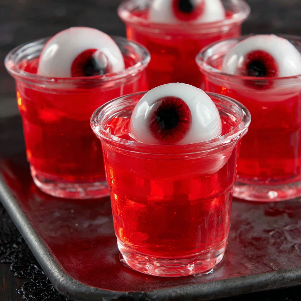 A close up of a red jello shot with a black eyeball in it.