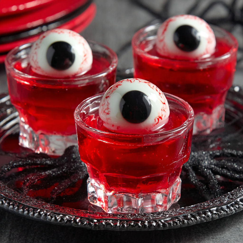 Three jello shots with eyeball toppings.