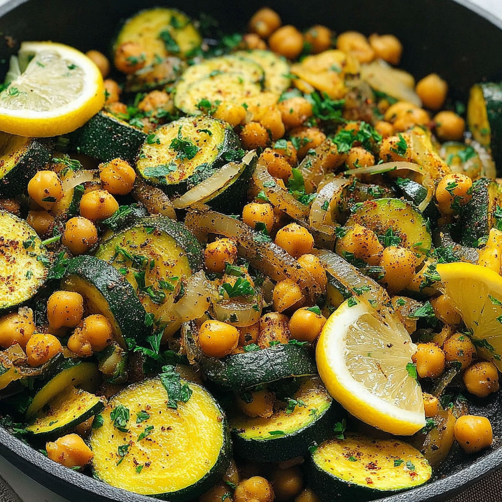 A skillet full of zucchini, chickpeas, and onions.