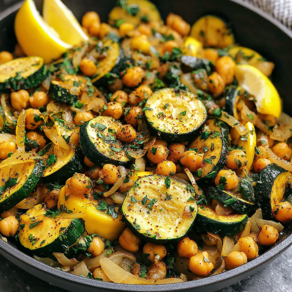 A skillet with a variety of vegetables including zucchini, chickpeas, and onions.