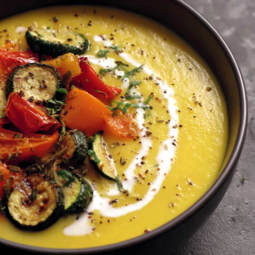 A bowl of soup with vegetables and cream.