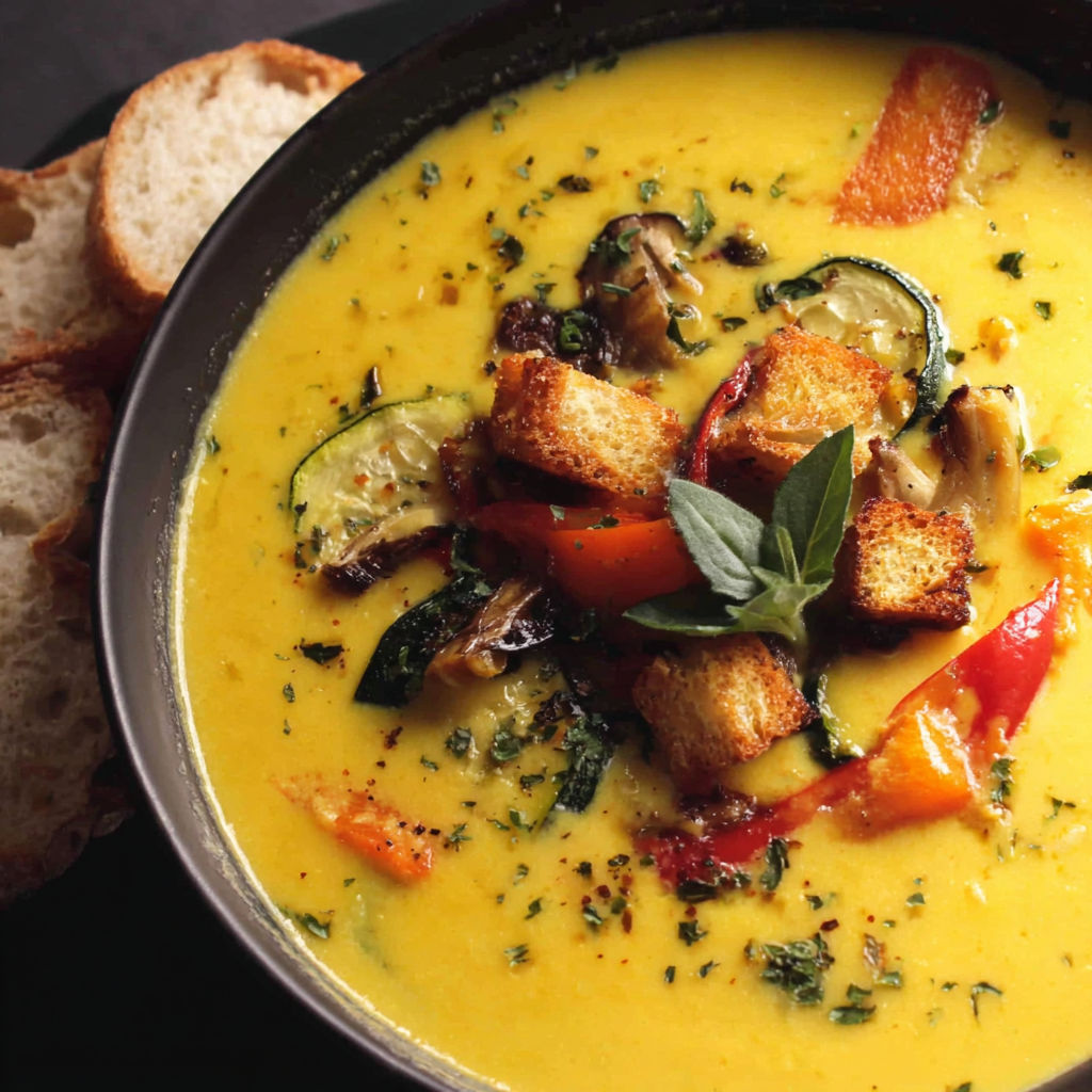 A bowl of soup with vegetables and bread.