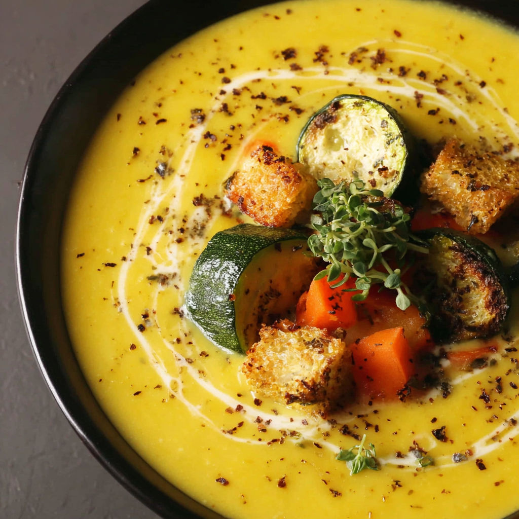 A bowl of soup with vegetables and bread.