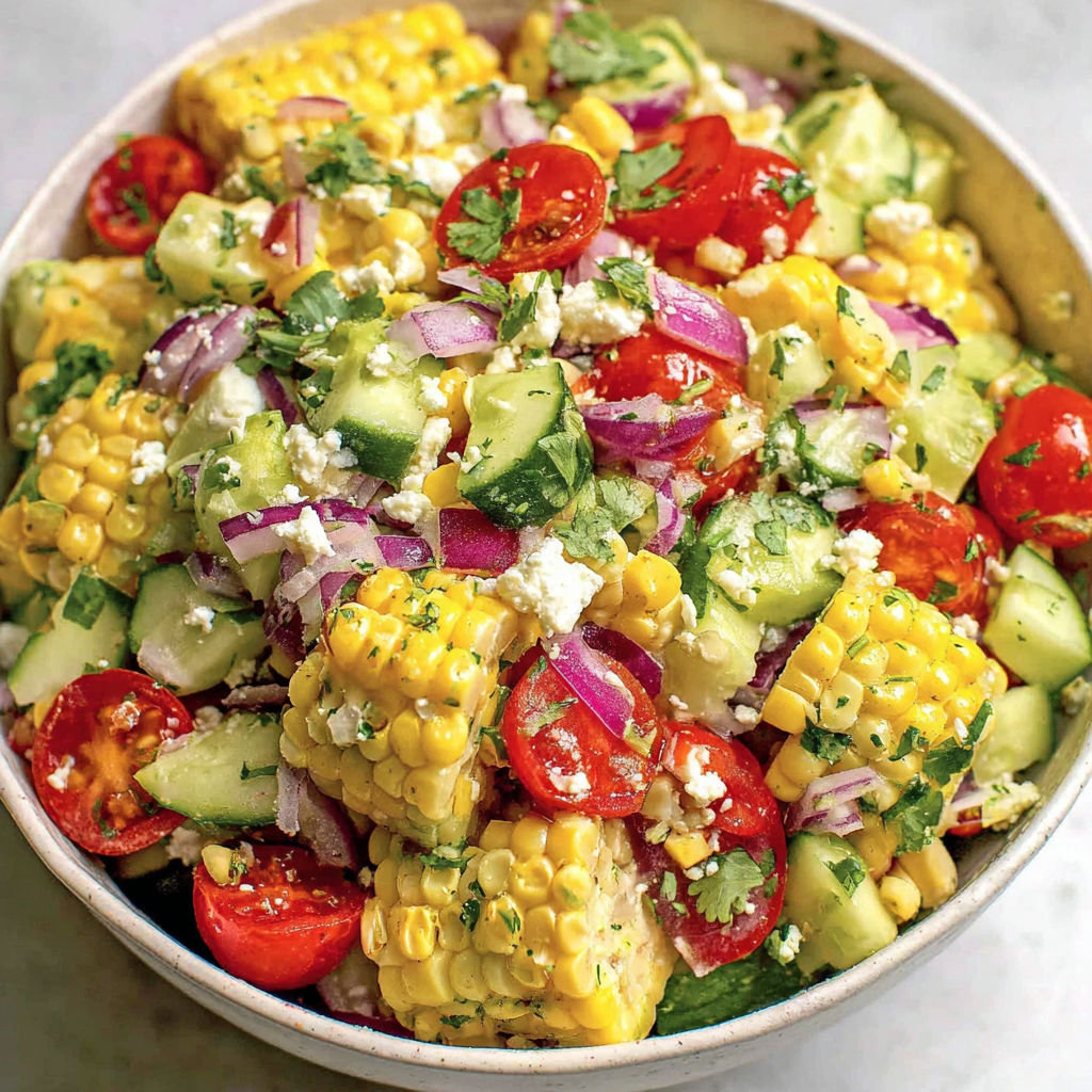A bowl of fresh corn salad with lime dressing and cotija cheese.