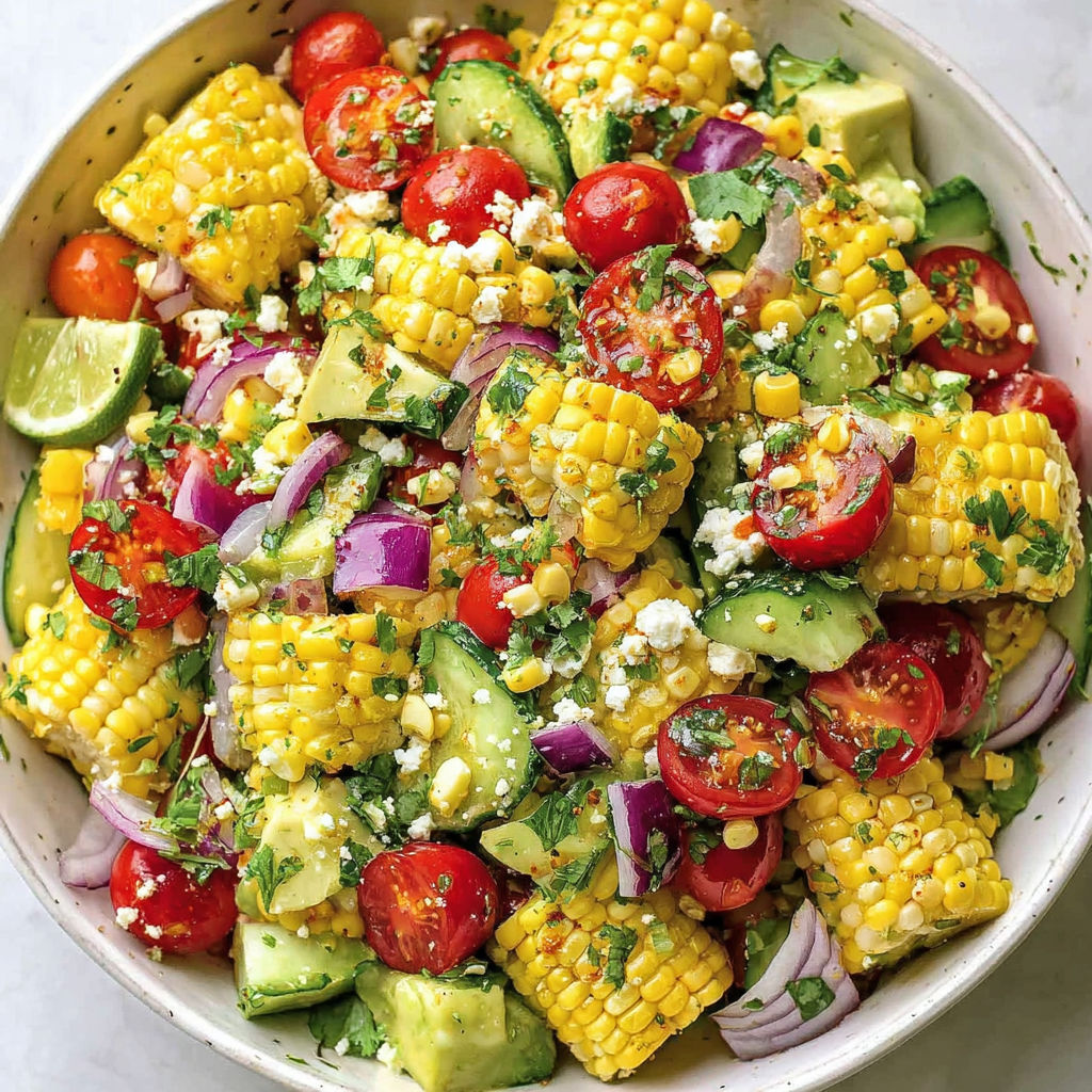 A bowl of vegetables including corn, tomatoes, and onions.