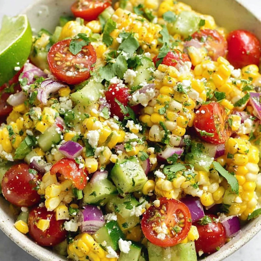 A bowl of vegetables including corn, tomatoes, and cucumbers.