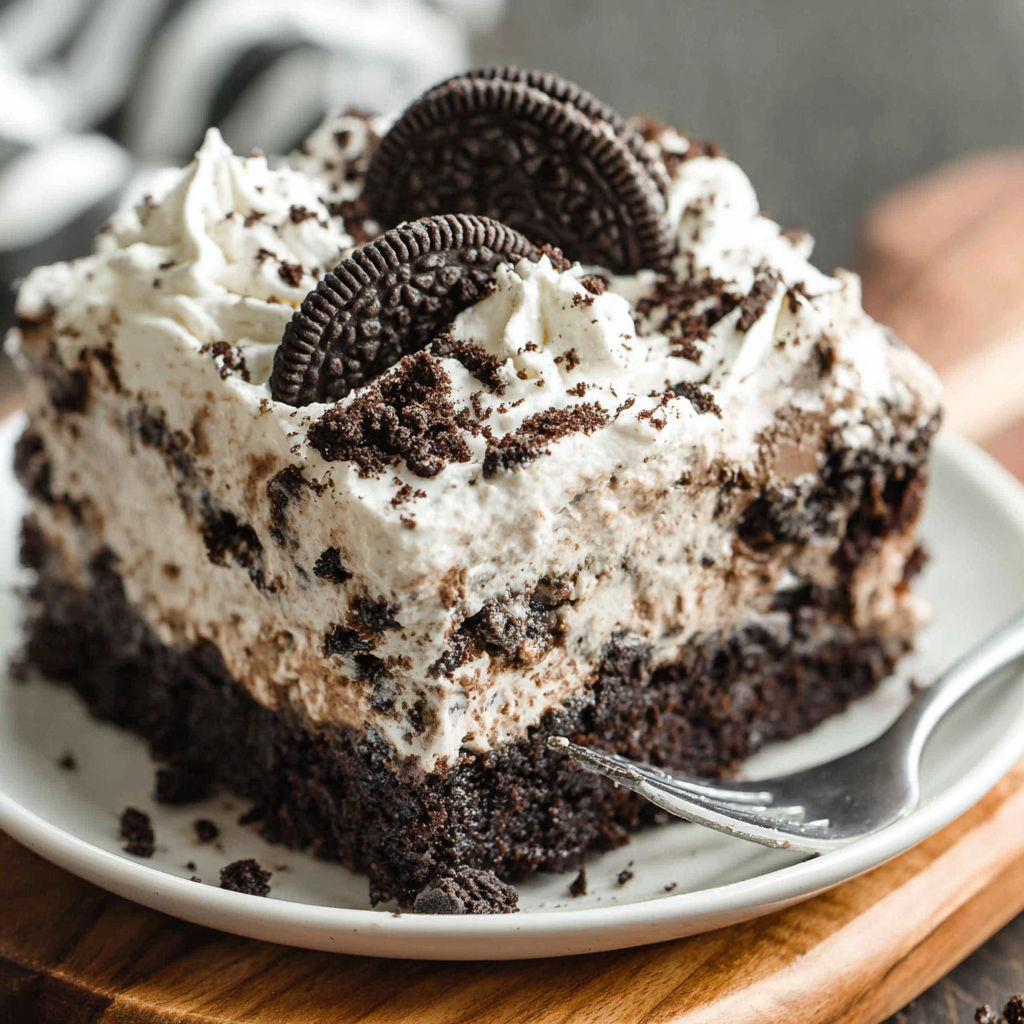 A slice of Oreo Poke Cake on a plate.