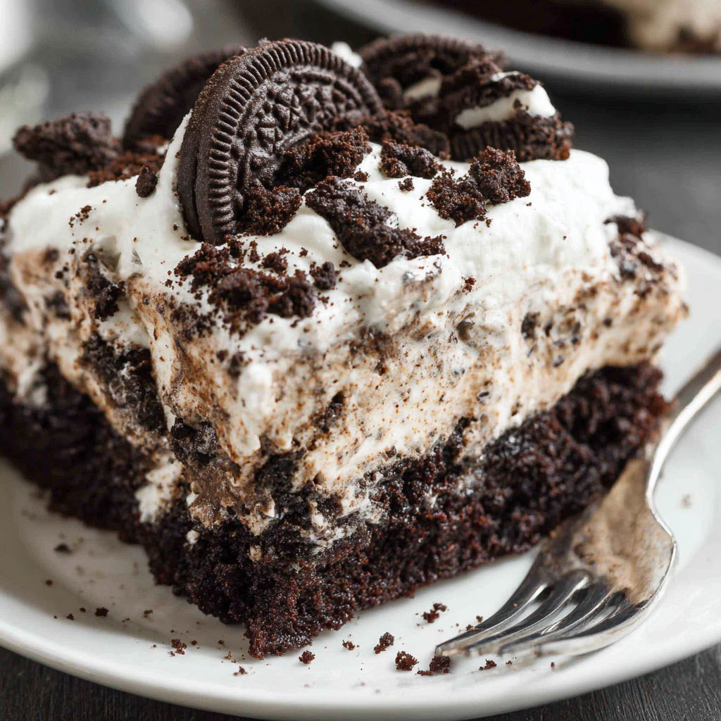 A slice of Oreo Poke Cake on a plate.