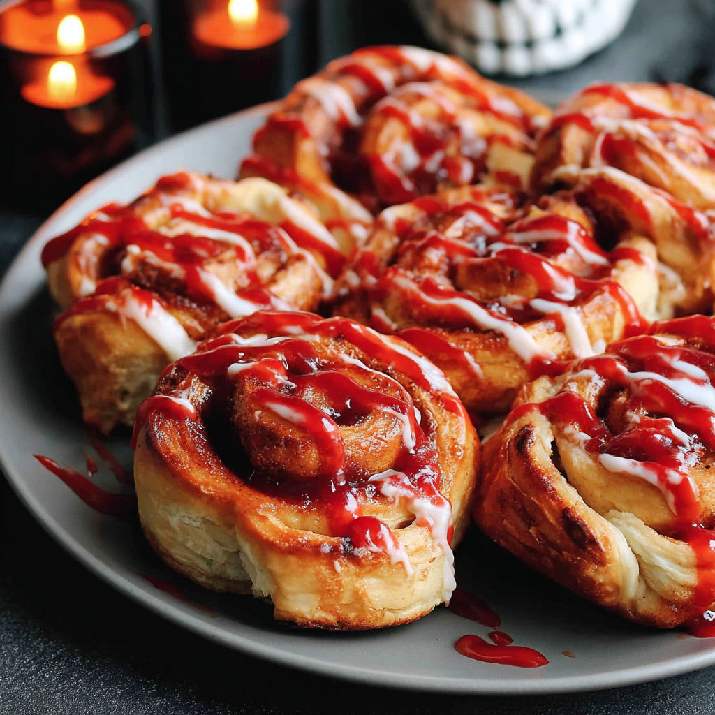 A plate of cinnamon rolls with red icing and drizzled with red sauce.