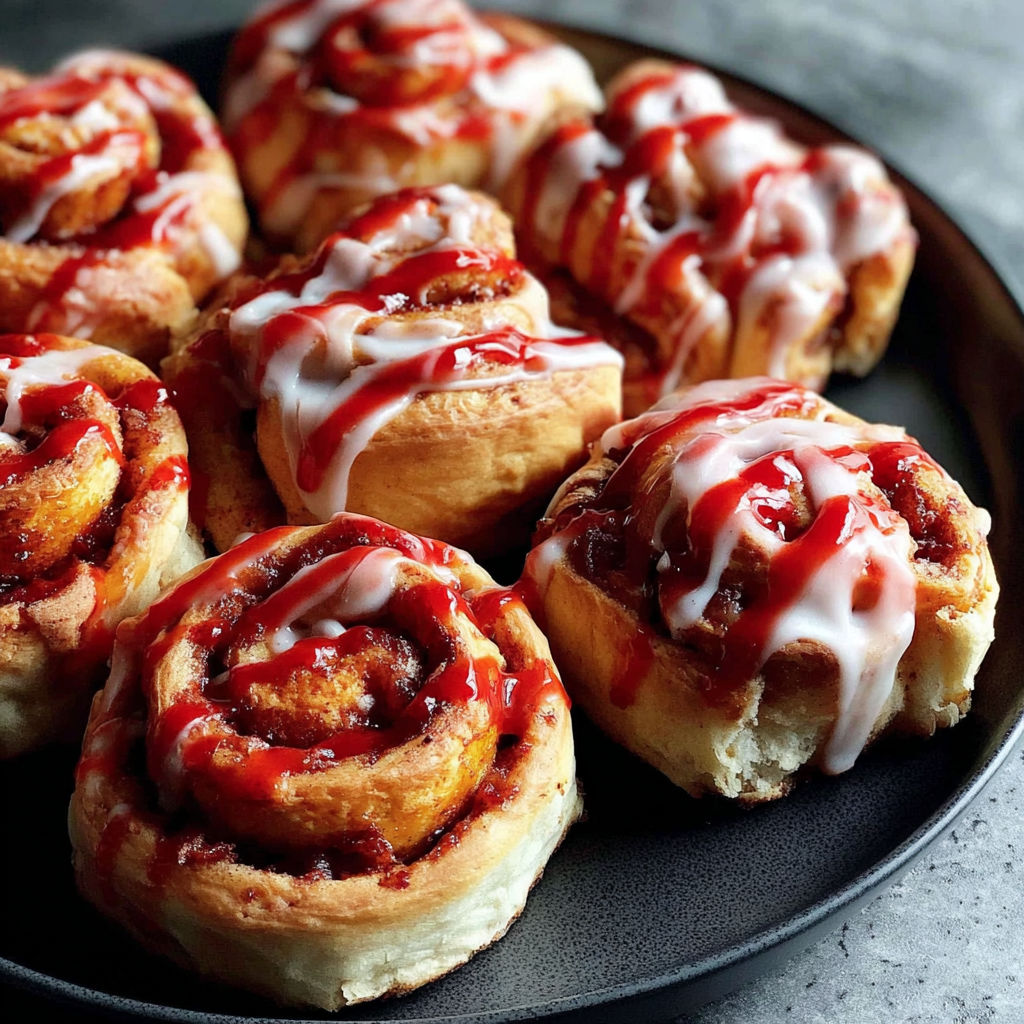 A plate of cinnamon rolls with red icing.