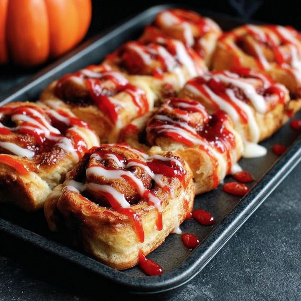 A tray of cinnamon rolls with red icing and a pumpkin in the background.