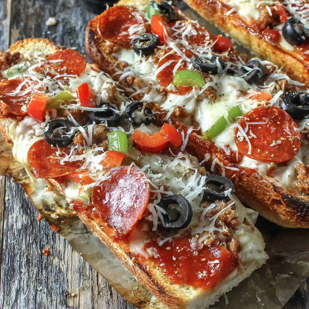 Two slices of grilled French bread pizza with pepperoni and black olives.