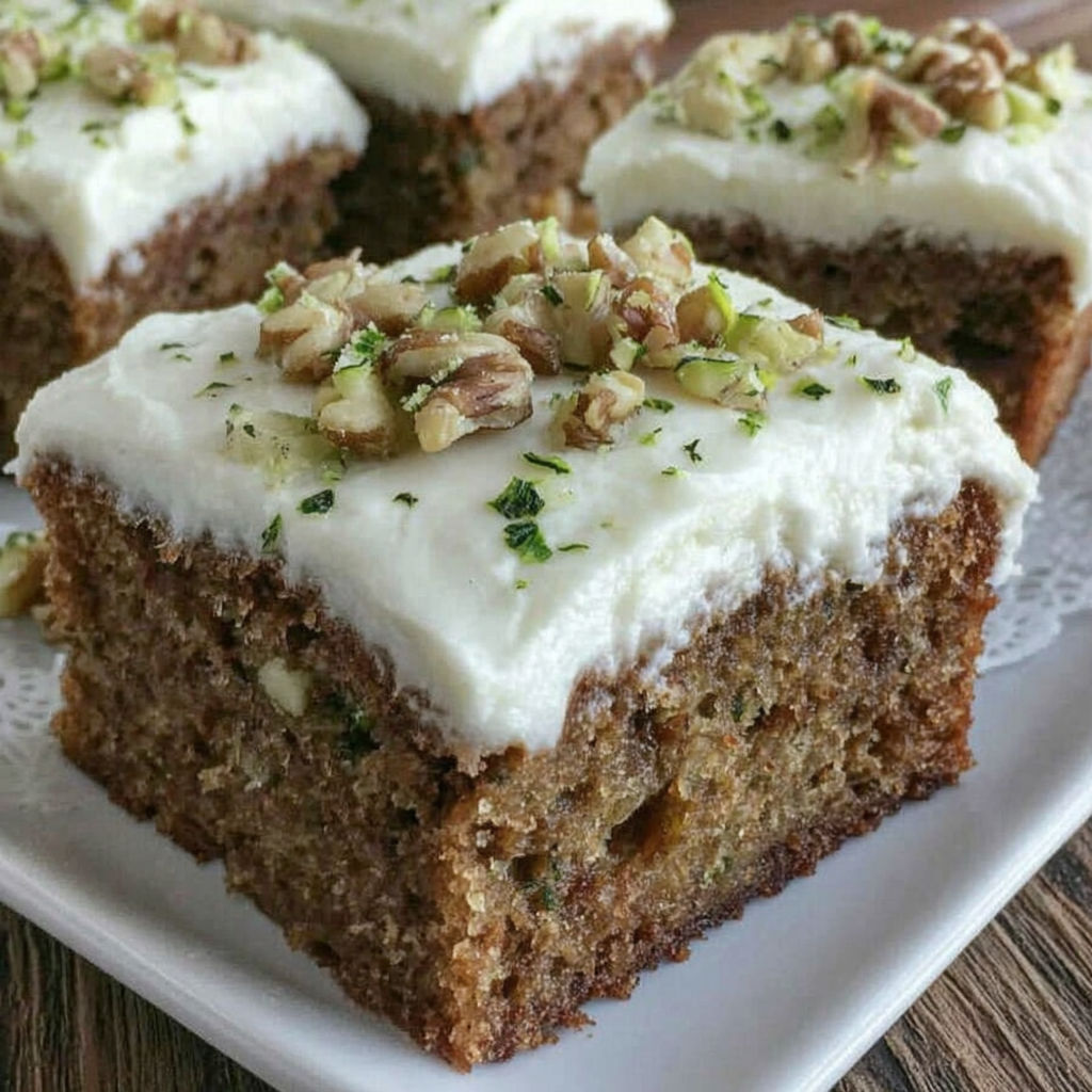 A slice of zucchini cake with cream cheese frosting.
