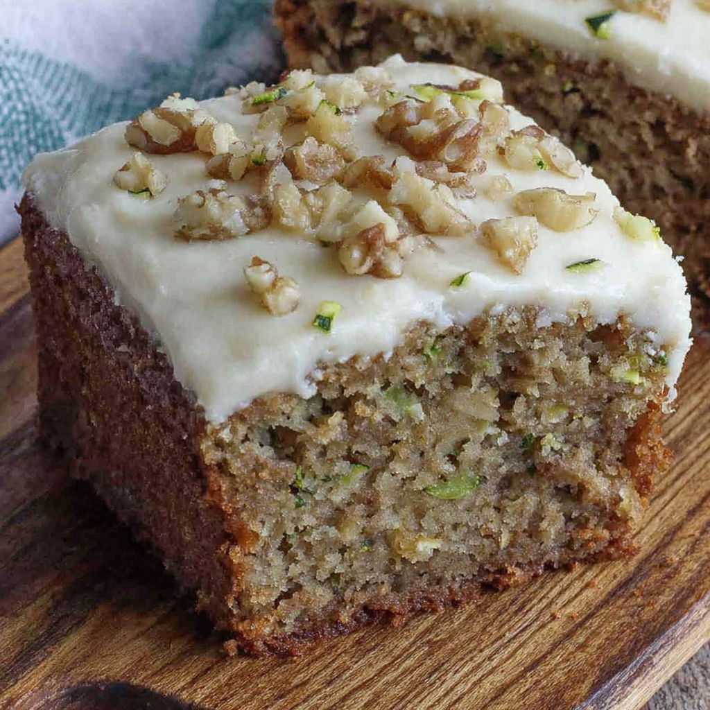 A slice of zucchini cake with cream cheese frosting.