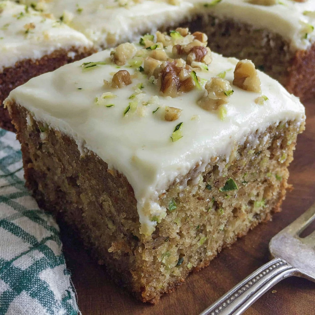 A slice of zucchini cake with cream cheese frosting.