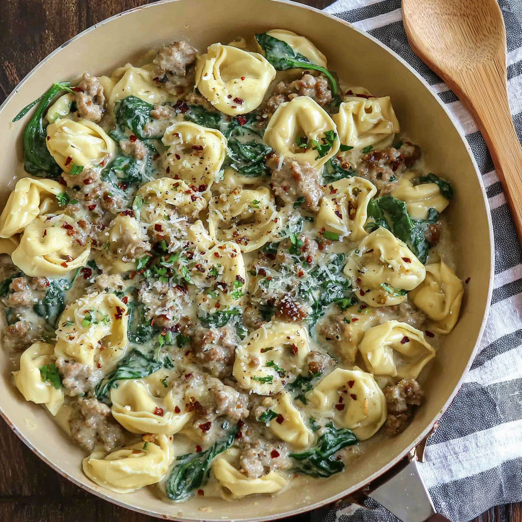 A skillet filled with creamy sausage tortellini.