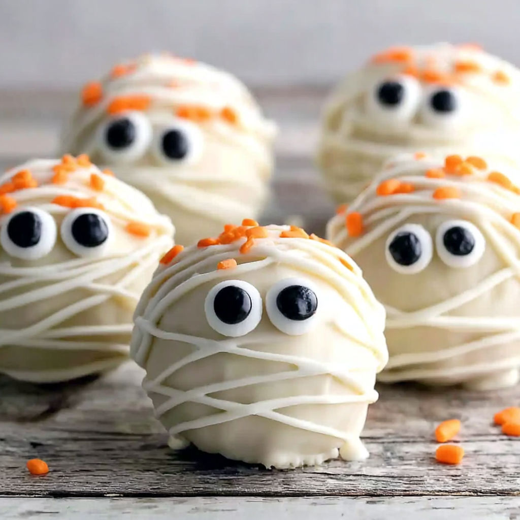 Mummy cake balls on a table.