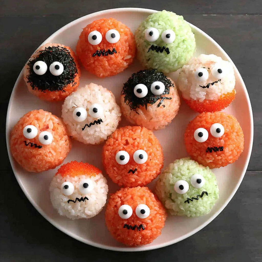 A plate of sushi balls with eyes and smiles on them.