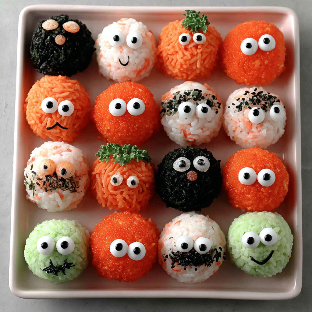 A plate of food with eyes and mouths on them.