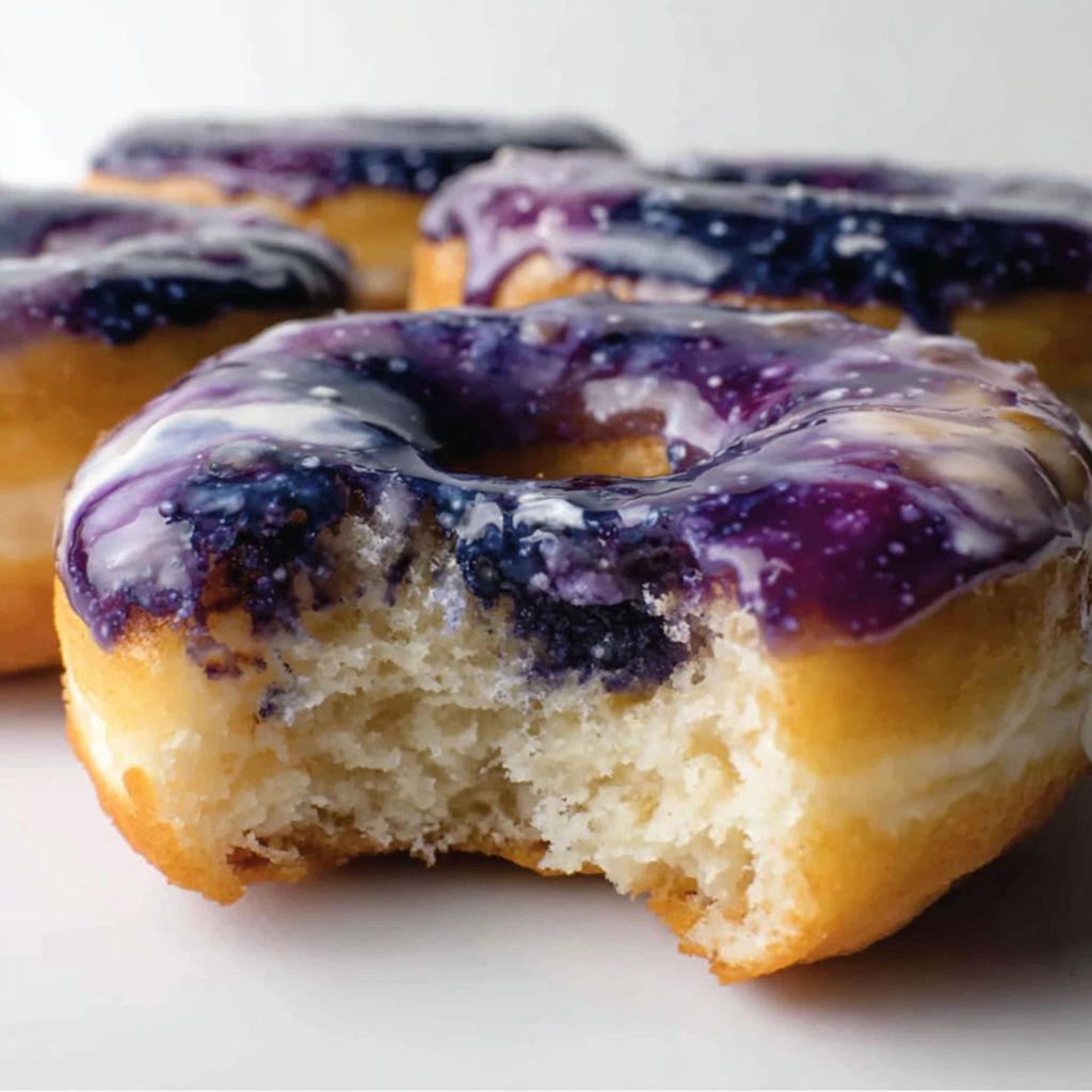 A donut with purple frosting and blueberry toppings.