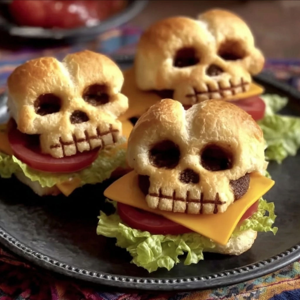 A plate of skull shaped burgers with bone in buns.