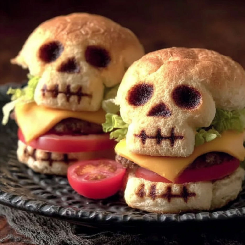 Two cheeseburgers with skulls on them.