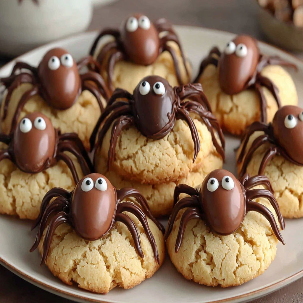A plate of spider cookies with chocolate and cookie pieces.