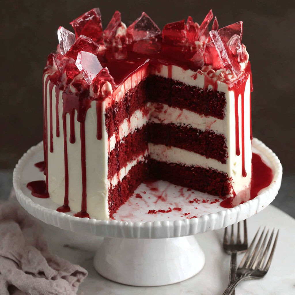 A slice of red velvet cake with white frosting and red raspberry sauce.