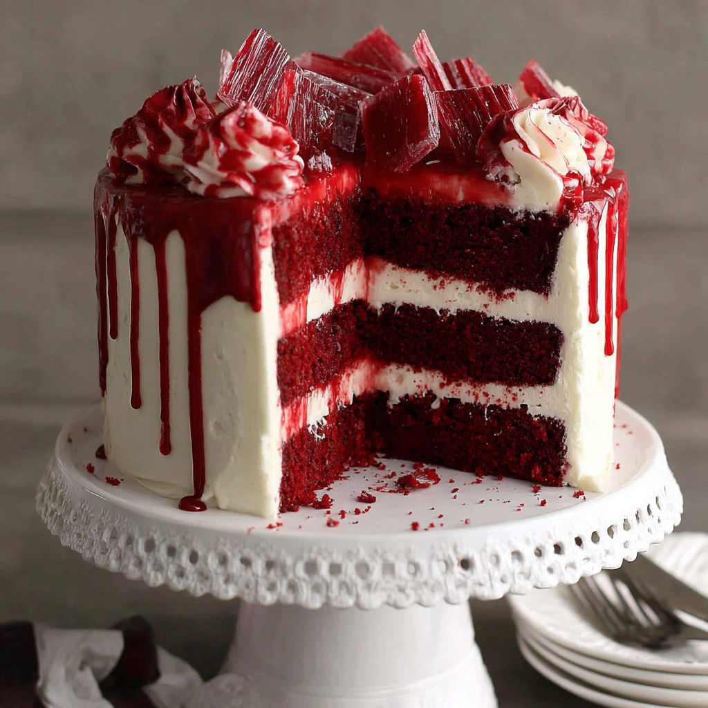 A slice of red velvet cake with white frosting.