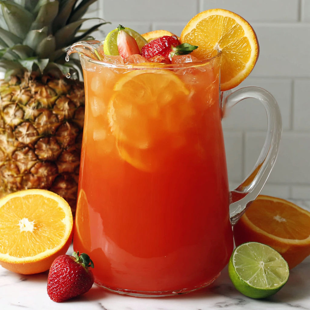 A pitcher of rum punch with a pineapple and oranges.