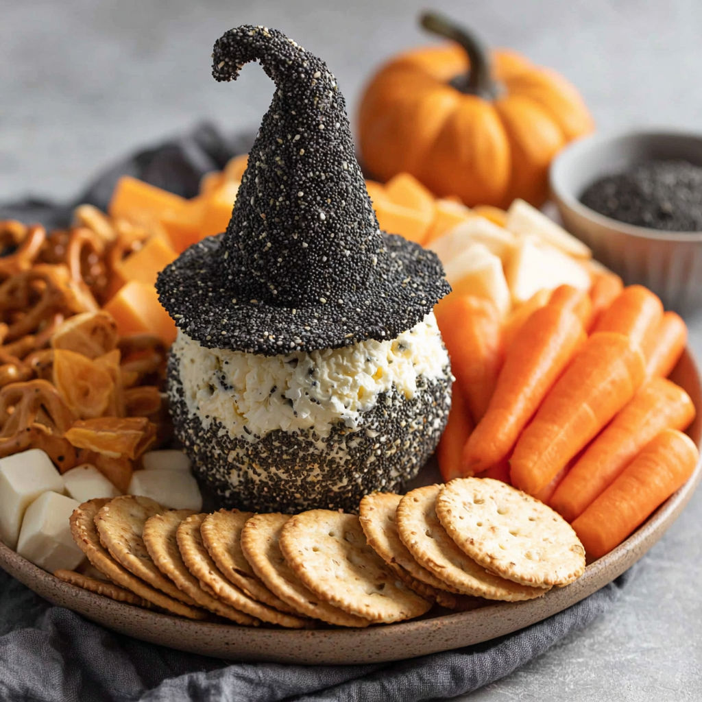 A witch hat is filled with cheese and crackers.