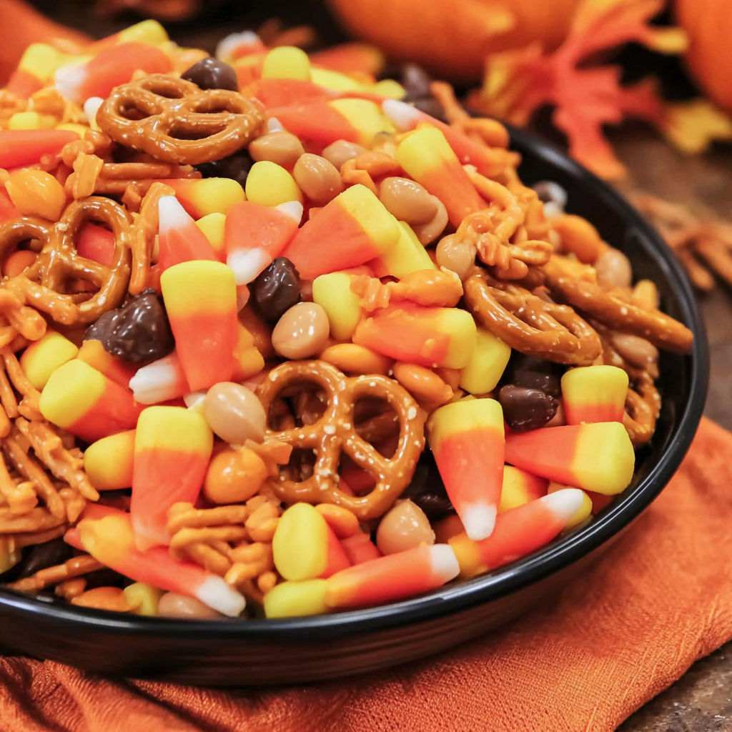 A bowl of candy corn mix.