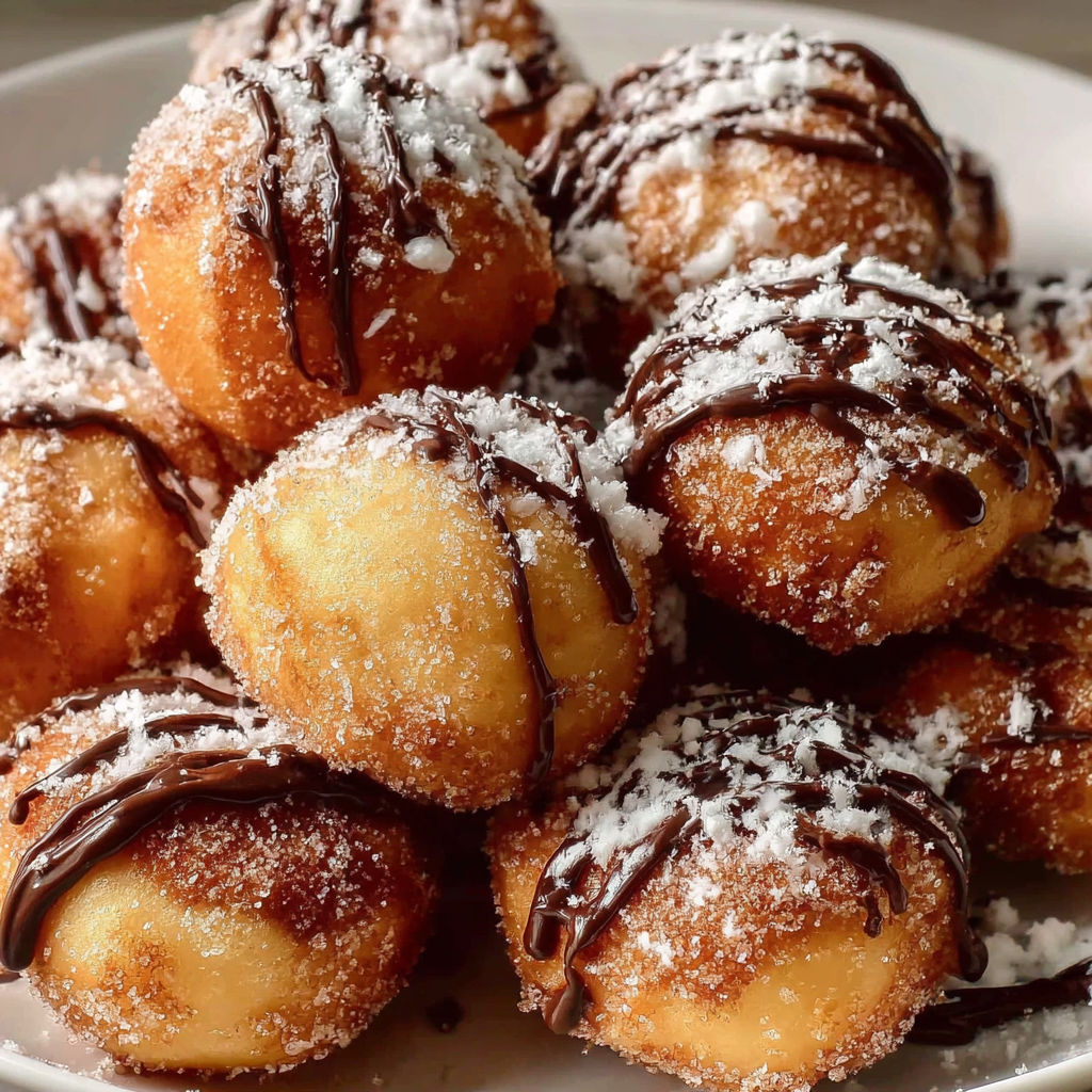 A plate of powdered donuts with chocolate drizzle.