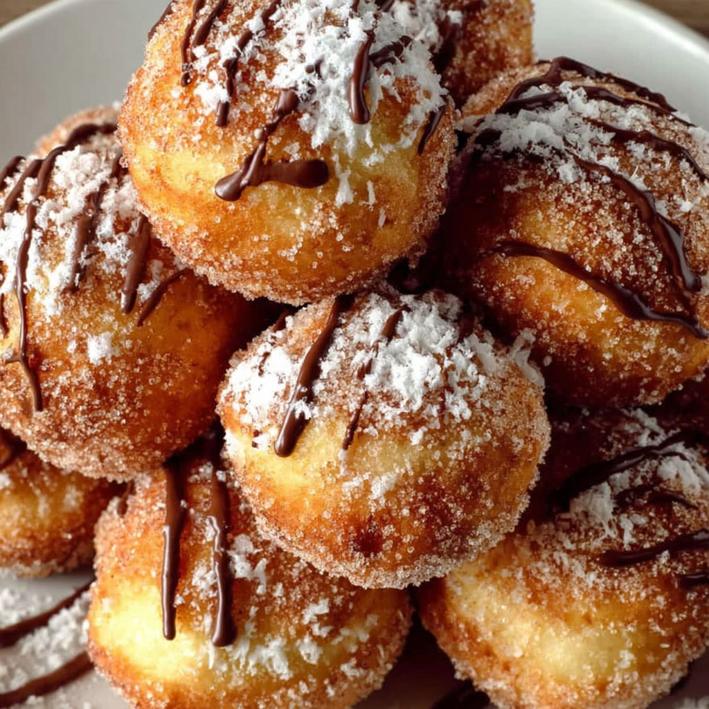 A plate of powdered sugar donuts with chocolate drizzle.