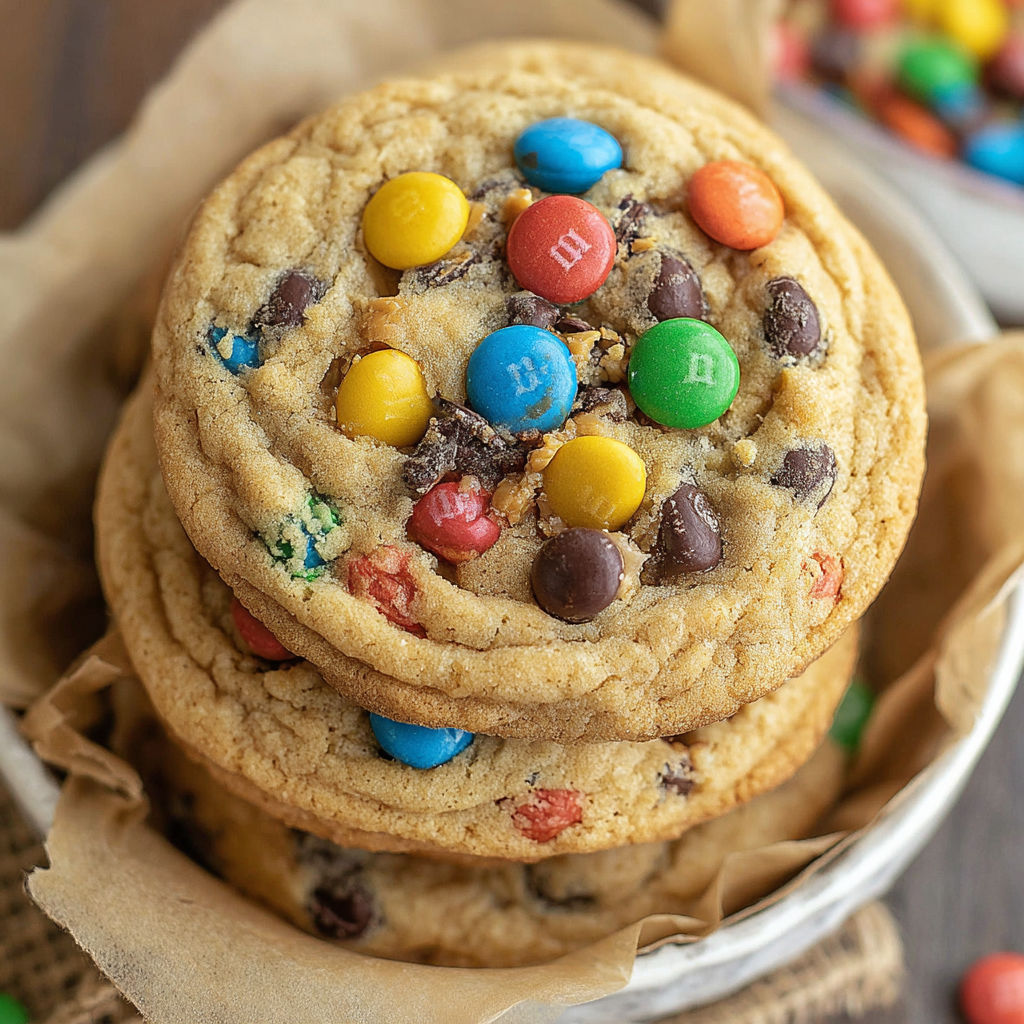 A stack of cookies with M&M's on top.