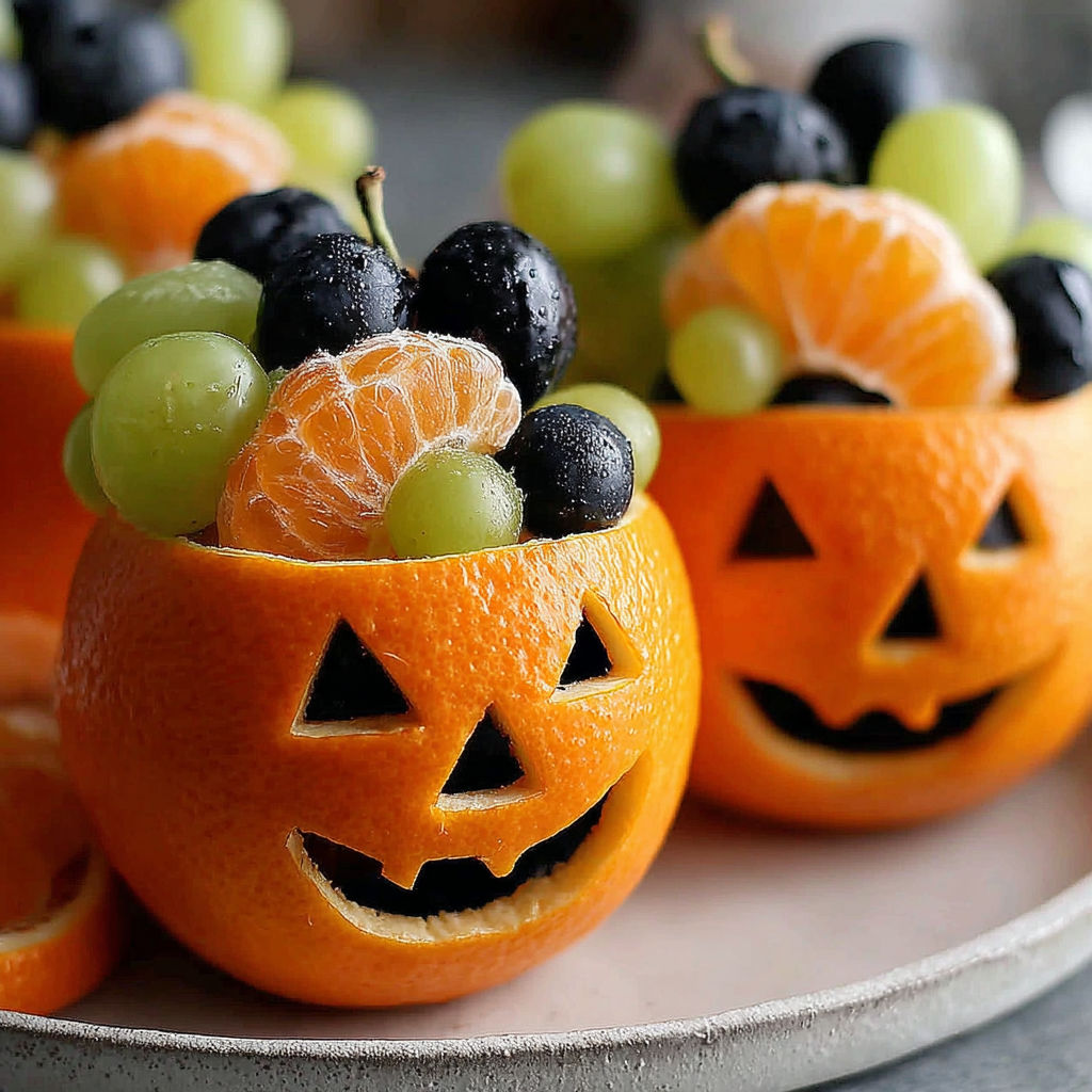 Two orange bowls with grapes and blueberries.