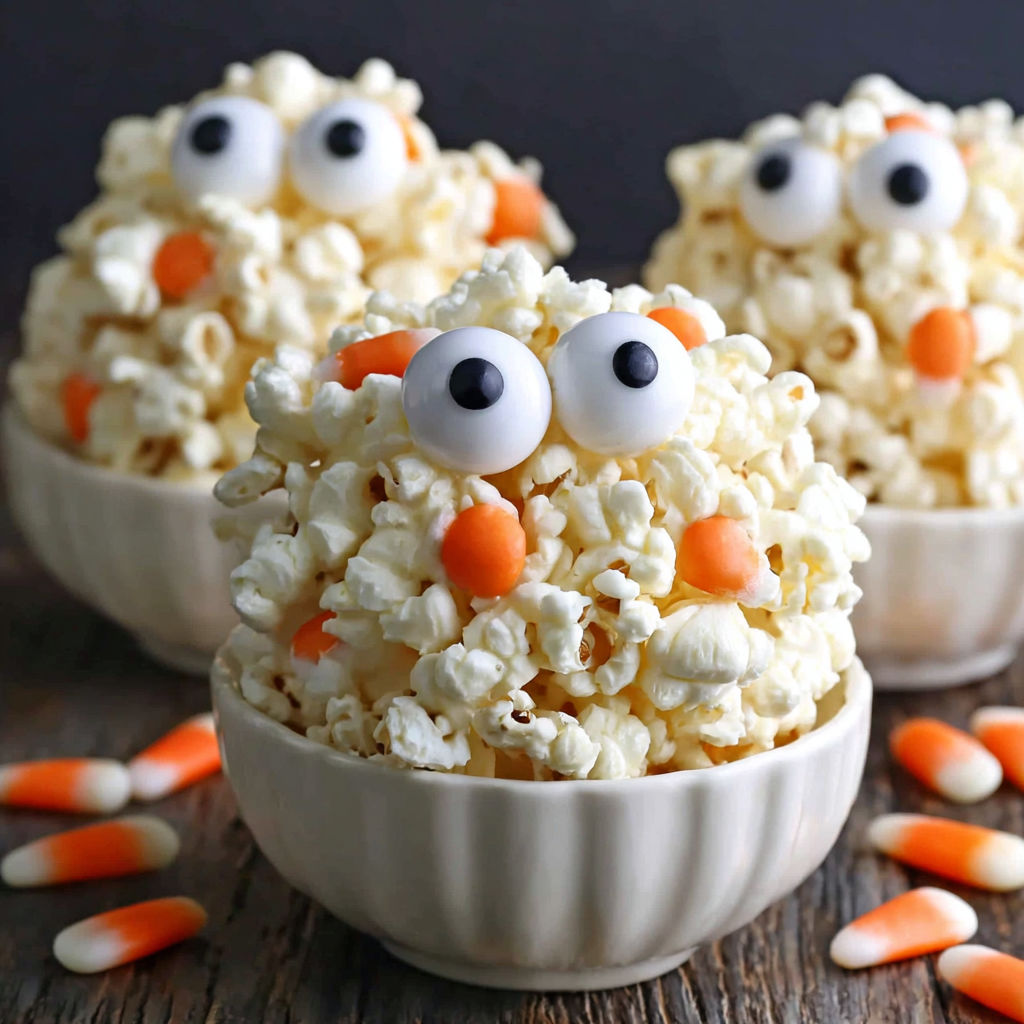 Three white bowls filled with popcorn balls and candy eyes.