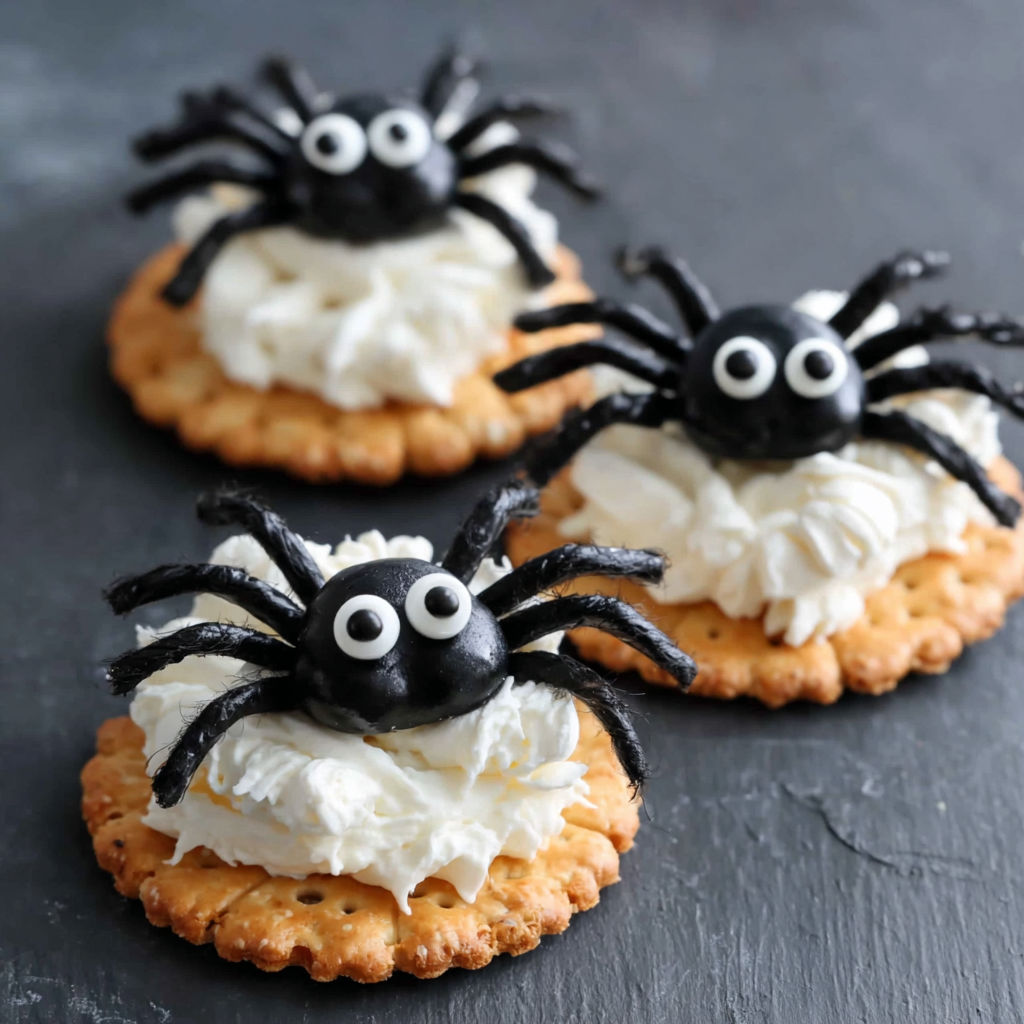 Three black spider crackers with white frosting.